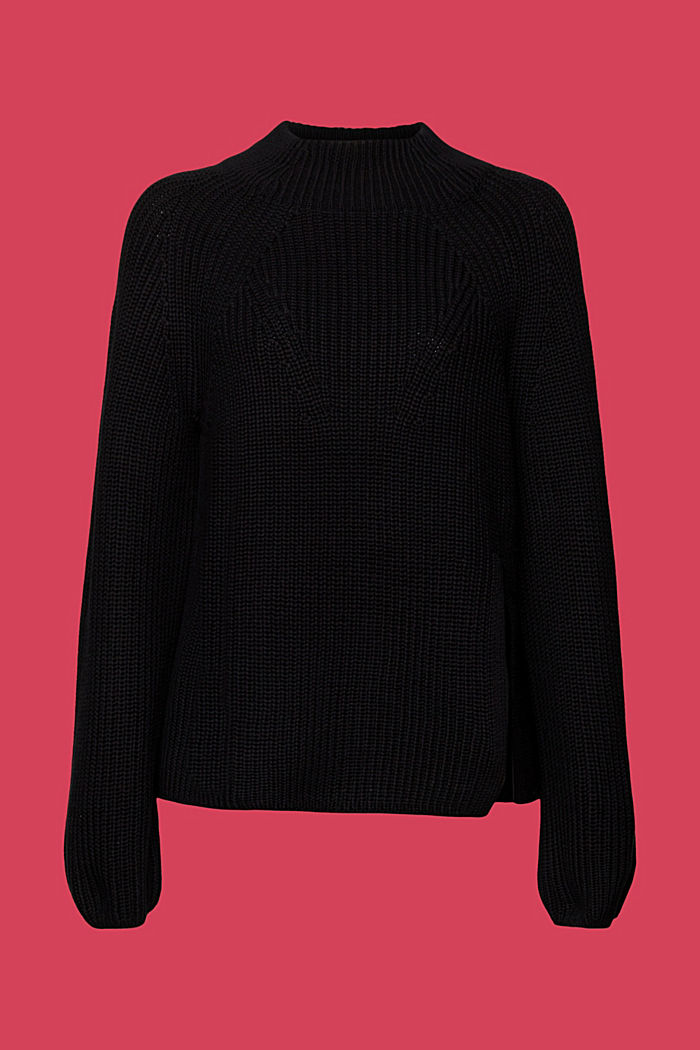 Slitted mock neck jumper, 100% cotton, BLACK, detail-asia image number 5