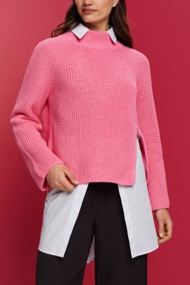 Slitted mock neck jumper, 100% cotton