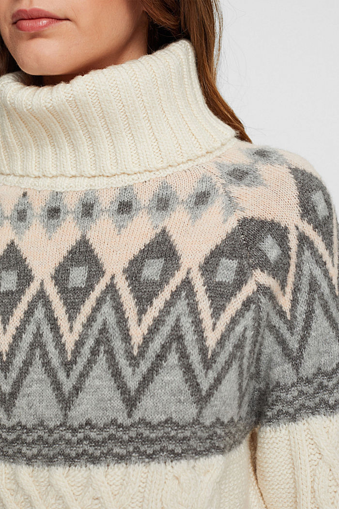 Jacquard knit roll neck jumper with wool, OFF WHITE, detail-asia image number 2