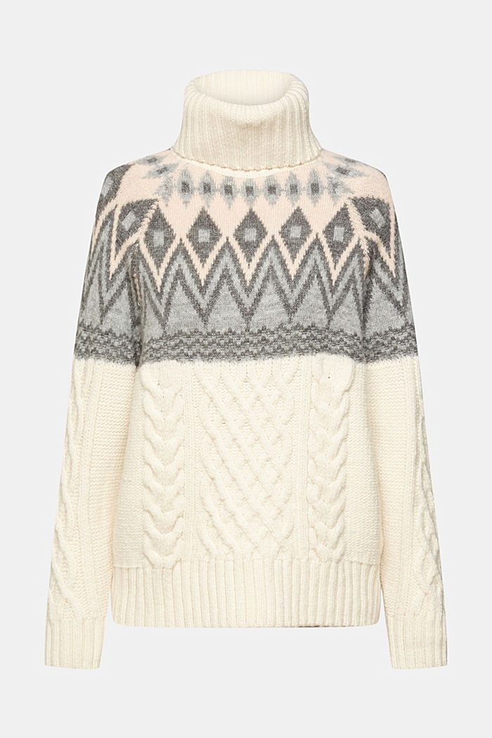 Jacquard knit roll neck jumper with wool, OFF WHITE, detail-asia image number 6