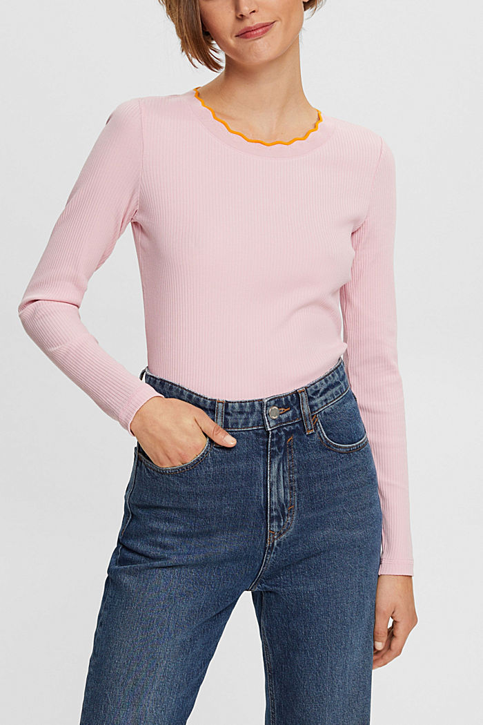 Ribbed long sleeve, stretch cotton, LIGHT PINK, detail-asia image number 0