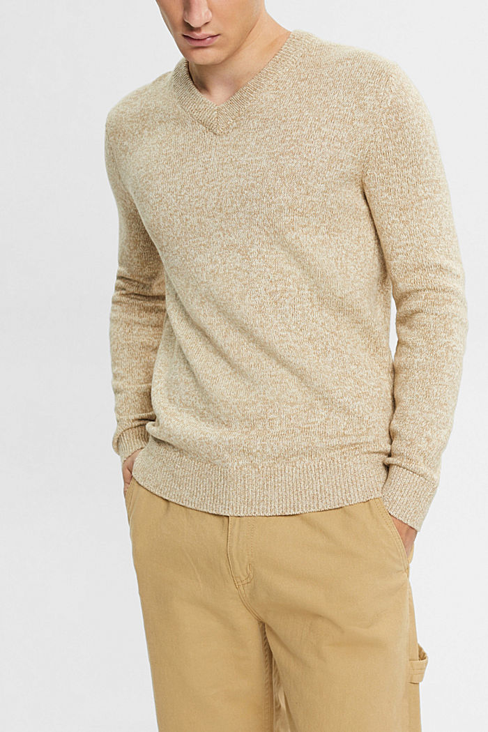 Two-coloured v-neck knit jumper, KHAKI BEIGE, detail-asia image number 0