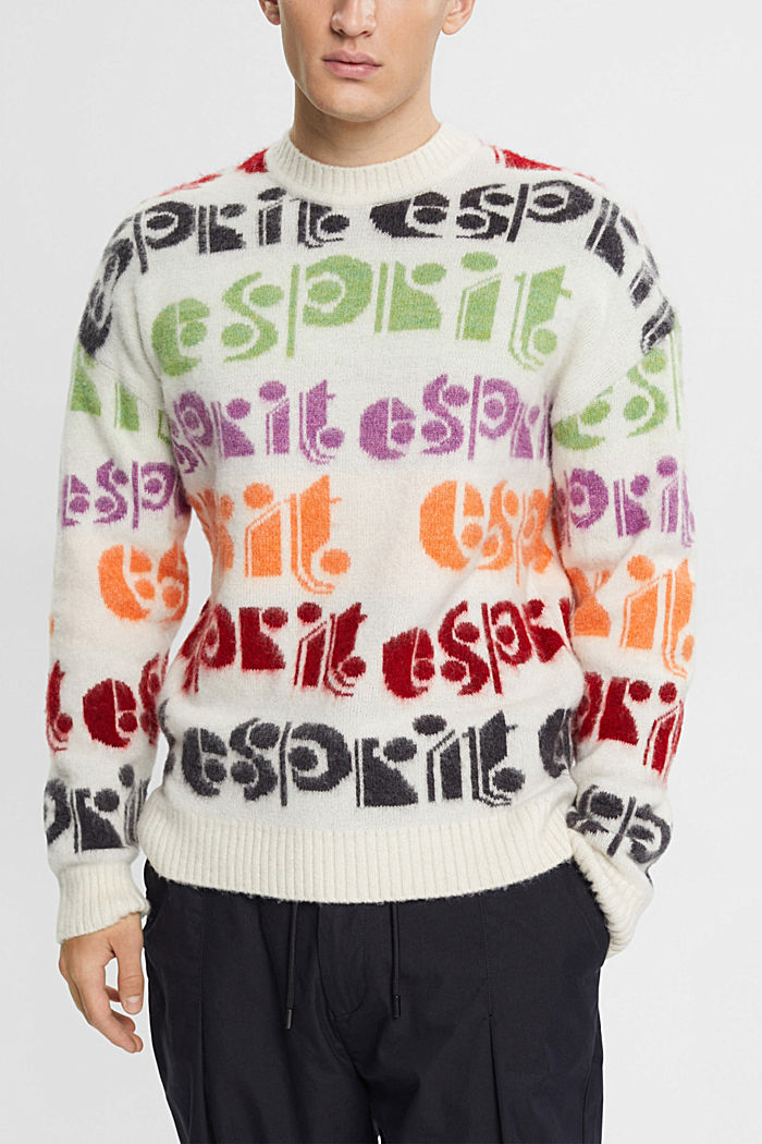 Wool blend jumper with colourful logo intarsia, OFF WHITE, detail-asia image number 0