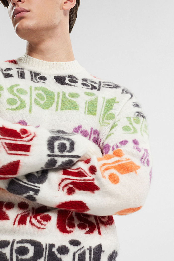 Wool blend jumper with colourful logo intarsia, OFF WHITE, detail-asia image number 3