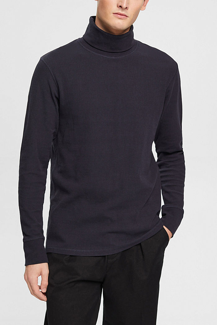 Long-sleeved waffle piqué top, 100% cotton, NAVY, detail-asia image number 0