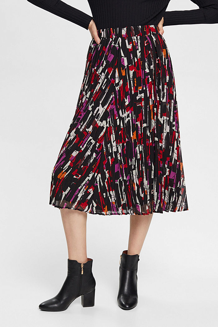 Pleated, patterned midi skirt