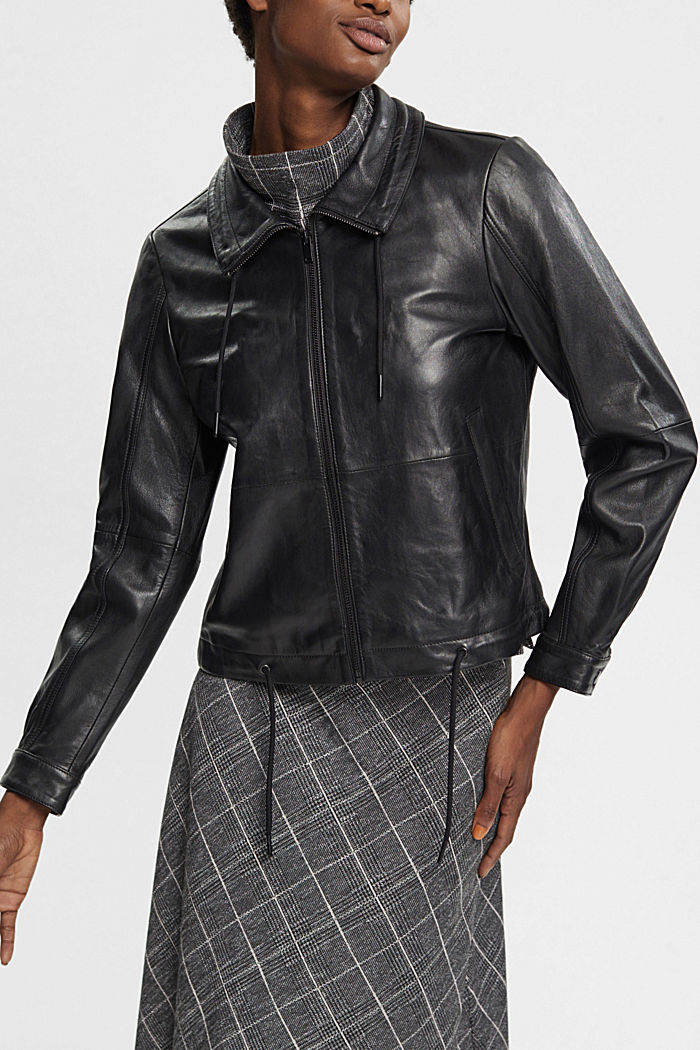 Leather jacket with drawstrings, BLACK, detail-asia image number 0