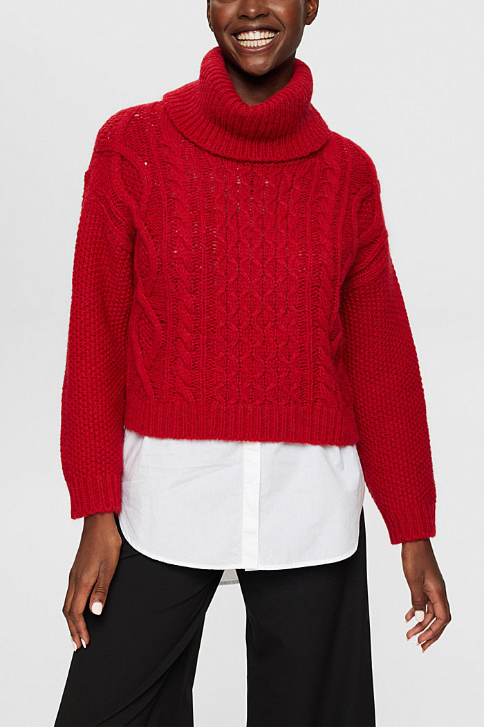 Roll neck cable knit sweater with wool, DARK RED, detail-asia image number 0