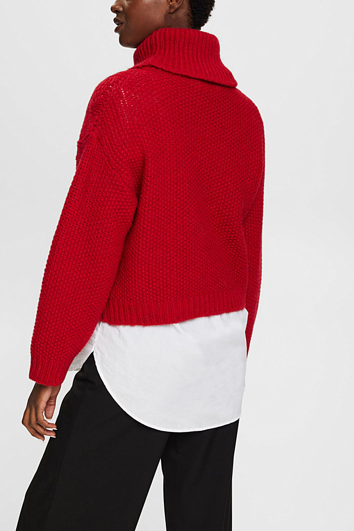 Roll neck cable knit sweater with wool, DARK RED, detail-asia image number 3