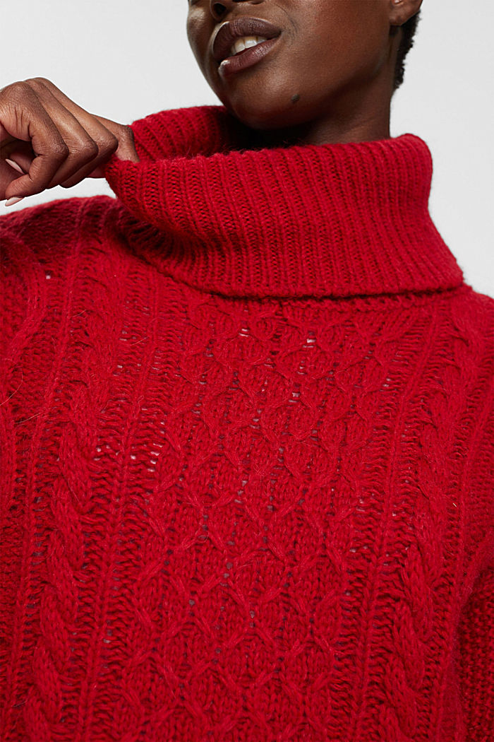 Roll neck cable knit sweater with wool, DARK RED, detail-asia image number 2
