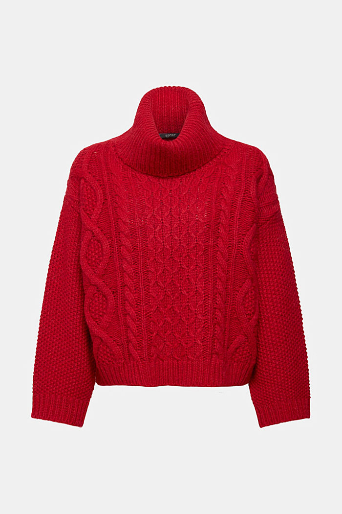 Roll neck cable knit sweater with wool, DARK RED, detail-asia image number 6
