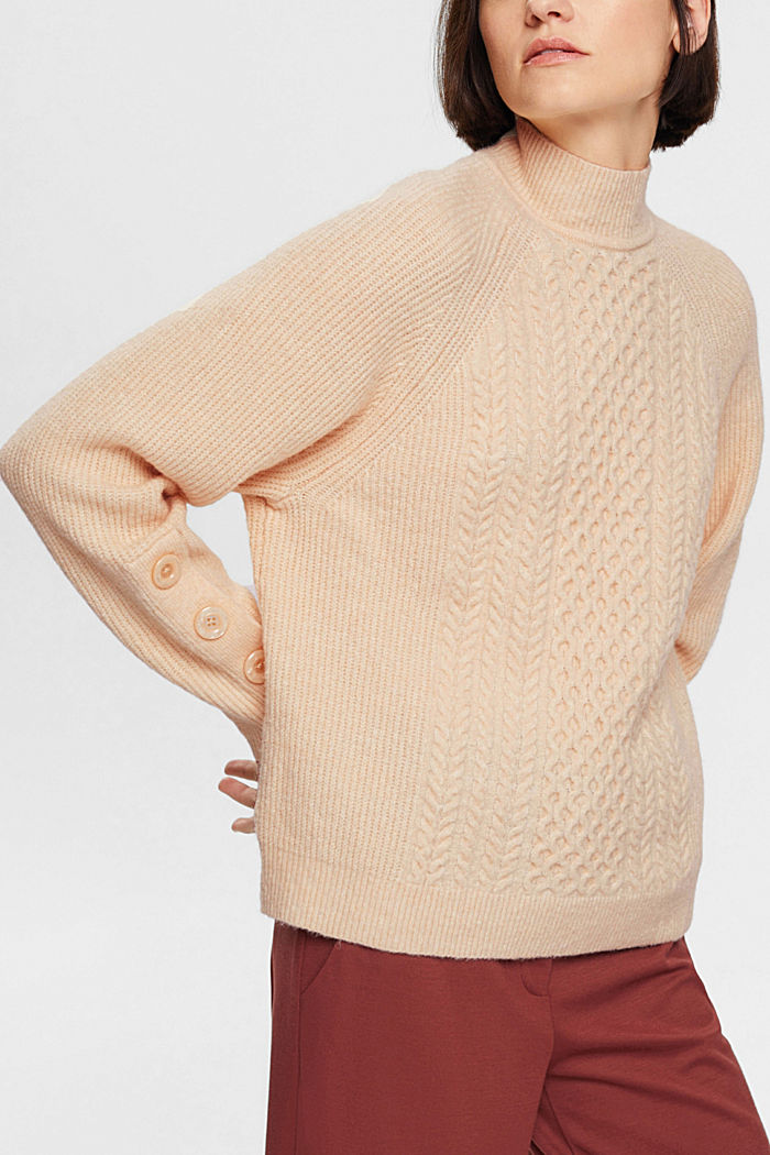 Cable knit turtle neck jumper, wool blend, ICE, detail-asia image number 0