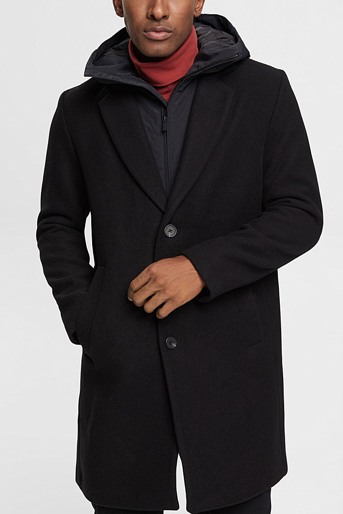 Wool blend coat with detachable hood, BLACK, detail-asia image number 0
