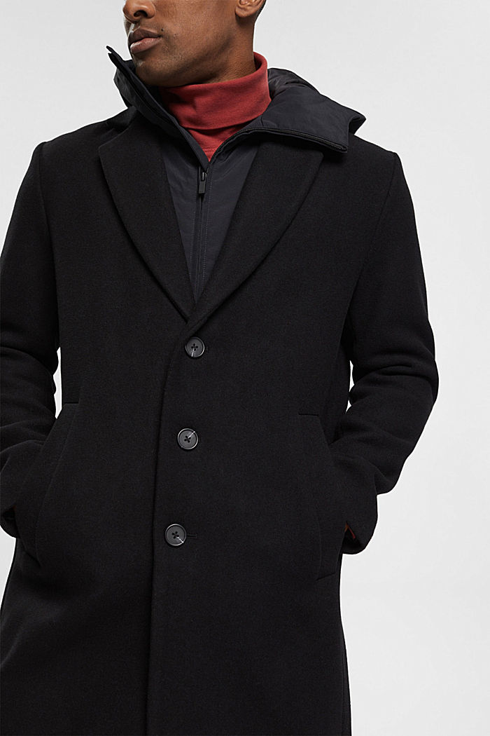 Wool blend coat with detachable hood, BLACK, detail-asia image number 2