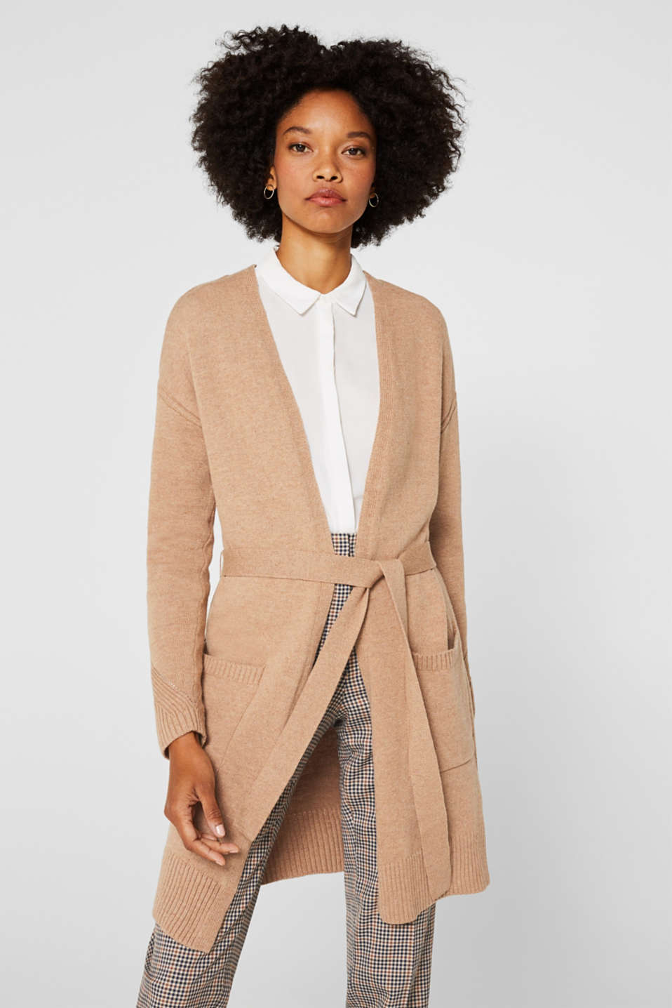 Esprit - Wool blend: long cardigan with a belt at our Online Shop