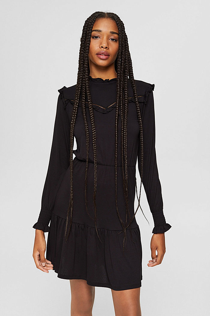 Jerseykleid mit Rüschen, LENZING™ ECOVERO™, BLACK, detail image number 0