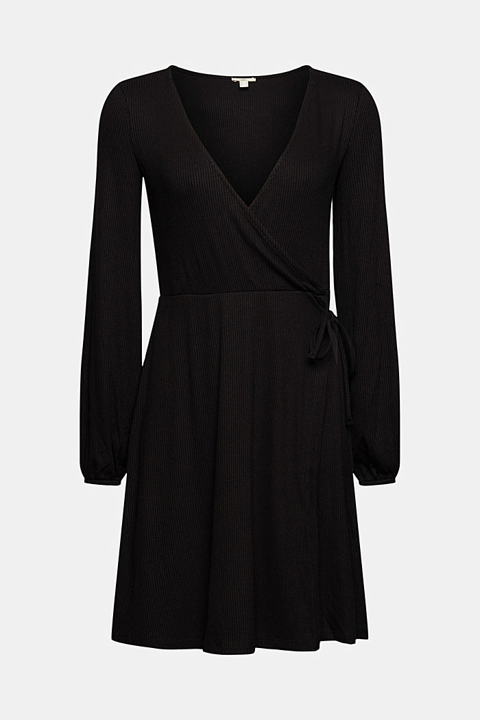 Ribgebreide jurk met wikkellook, BLACK, overview