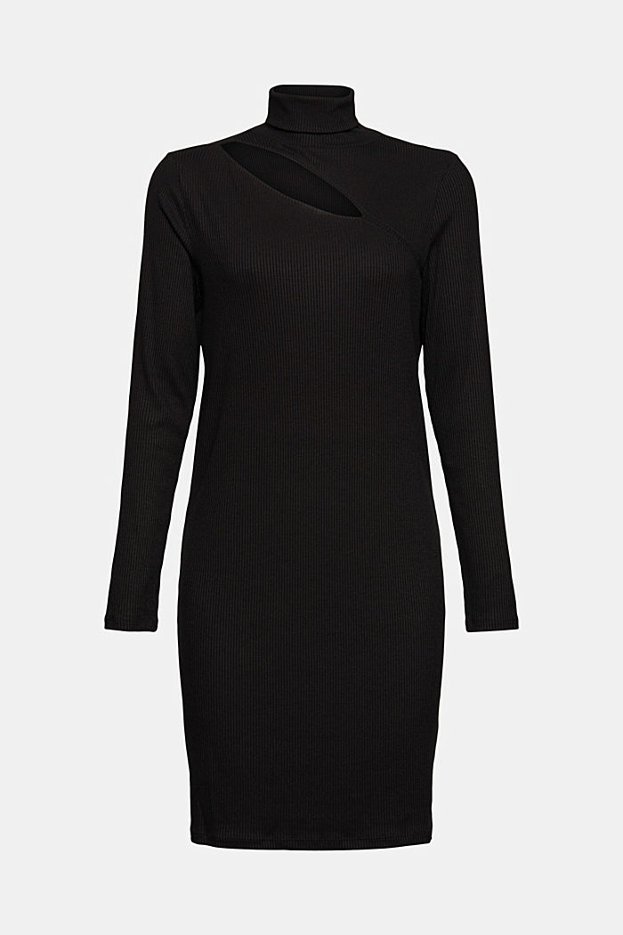 Ribgebreide jurk met cut-out, BLACK, overview