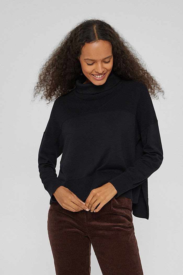 Stand-up collar jumper in organic cotton, BLACK, detail image number 0