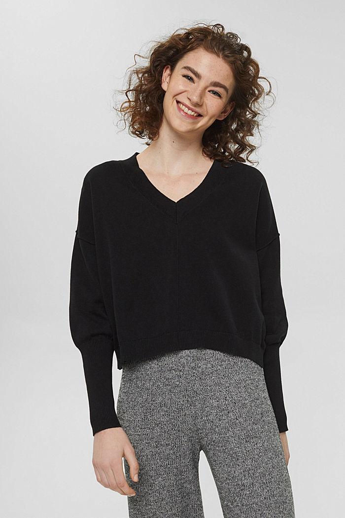 V-Ausschnitt-Pullover, 100% Baumwolle, BLACK, overview