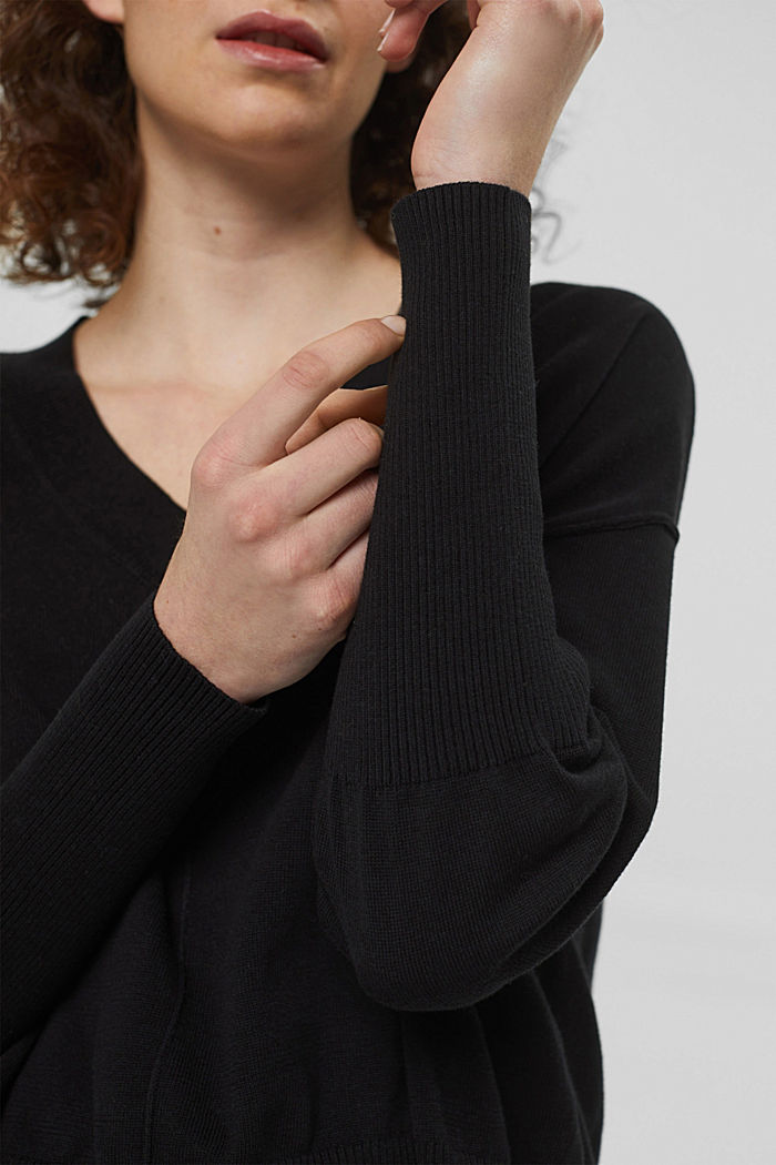 V-Ausschnitt-Pullover, 100% Baumwolle, BLACK, detail image number 2
