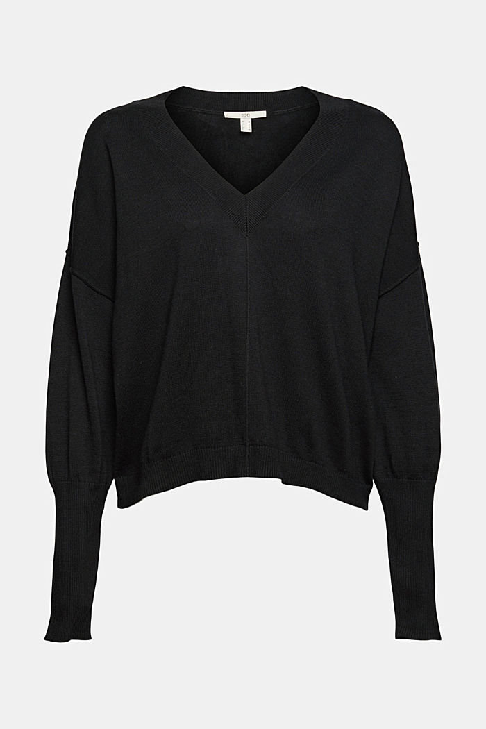 V-Ausschnitt-Pullover, 100% Baumwolle, BLACK, overview