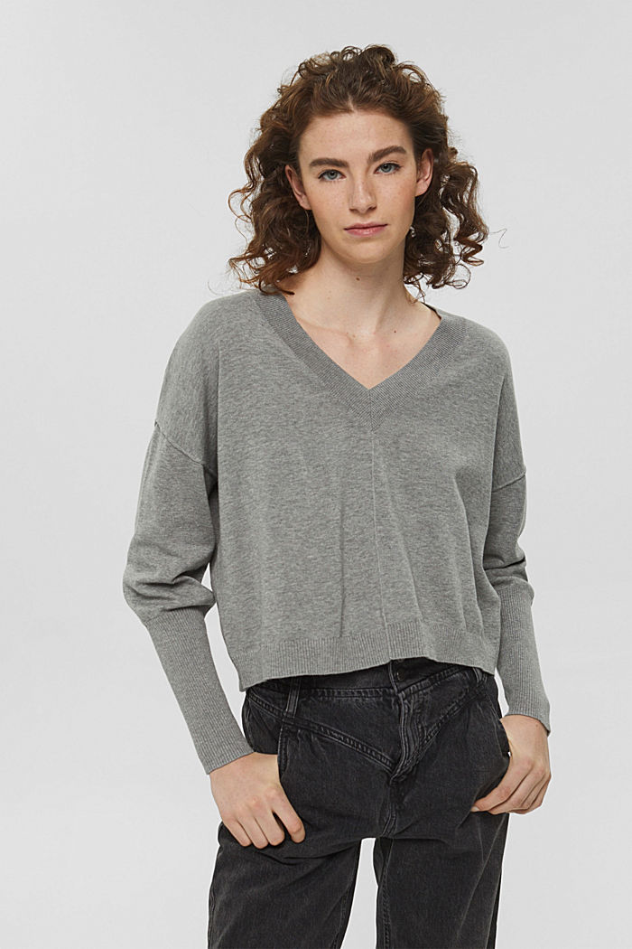 V-Ausschnitt-Pullover, 100% Baumwolle, MEDIUM GREY, overview