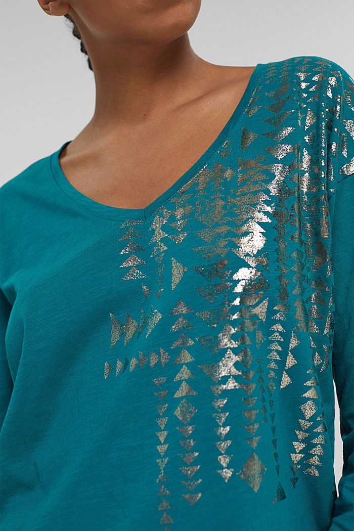 T-shirt à manches longues et imprimé métallisé, coton biologique, EMERALD GREEN, detail image number 2
