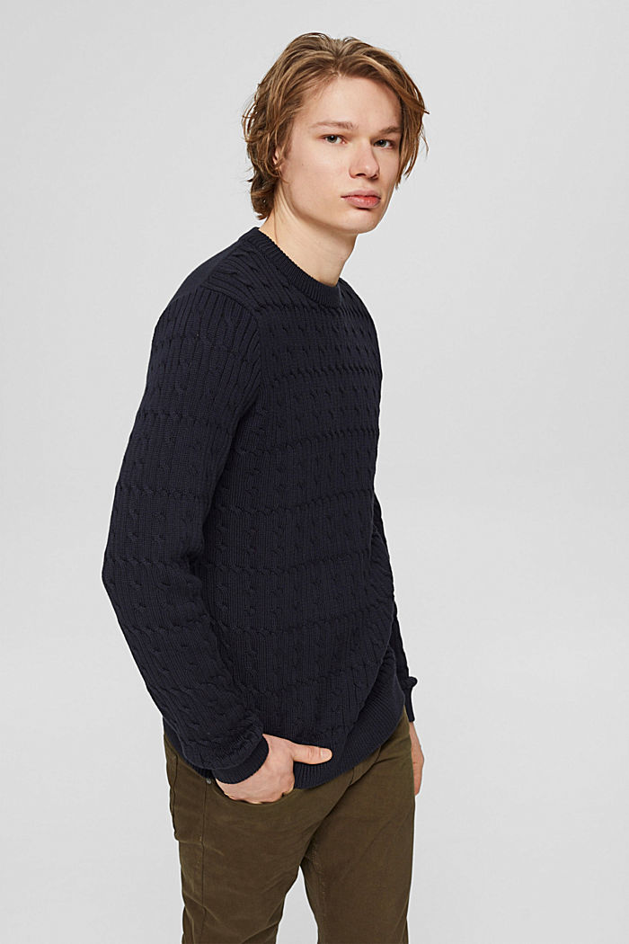 Sweter ze wzorem w warkocze z bawełny ekologicznej, NAVY, detail image number 6