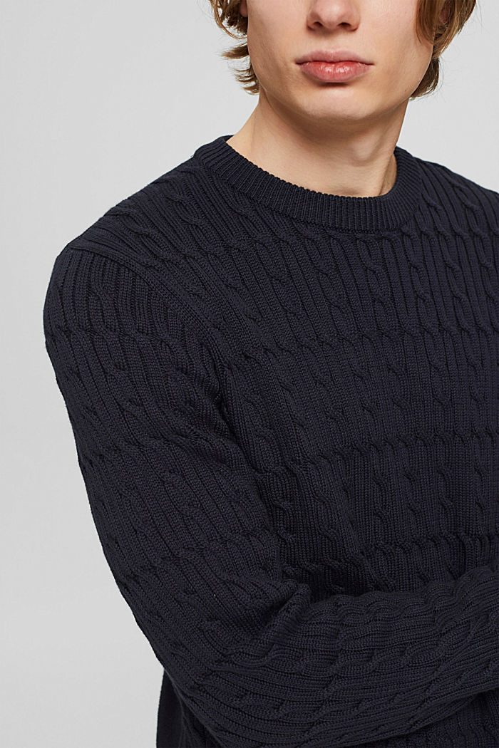Sweter ze wzorem w warkocze z bawełny ekologicznej, NAVY, detail image number 2