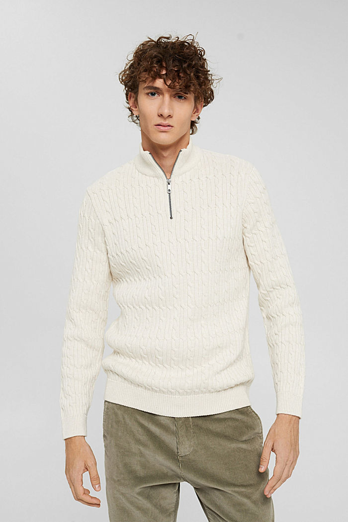 Sweter z zamkiem pod szyją z dzianiny z warkoczowym wzorem, bawełna ekologiczna