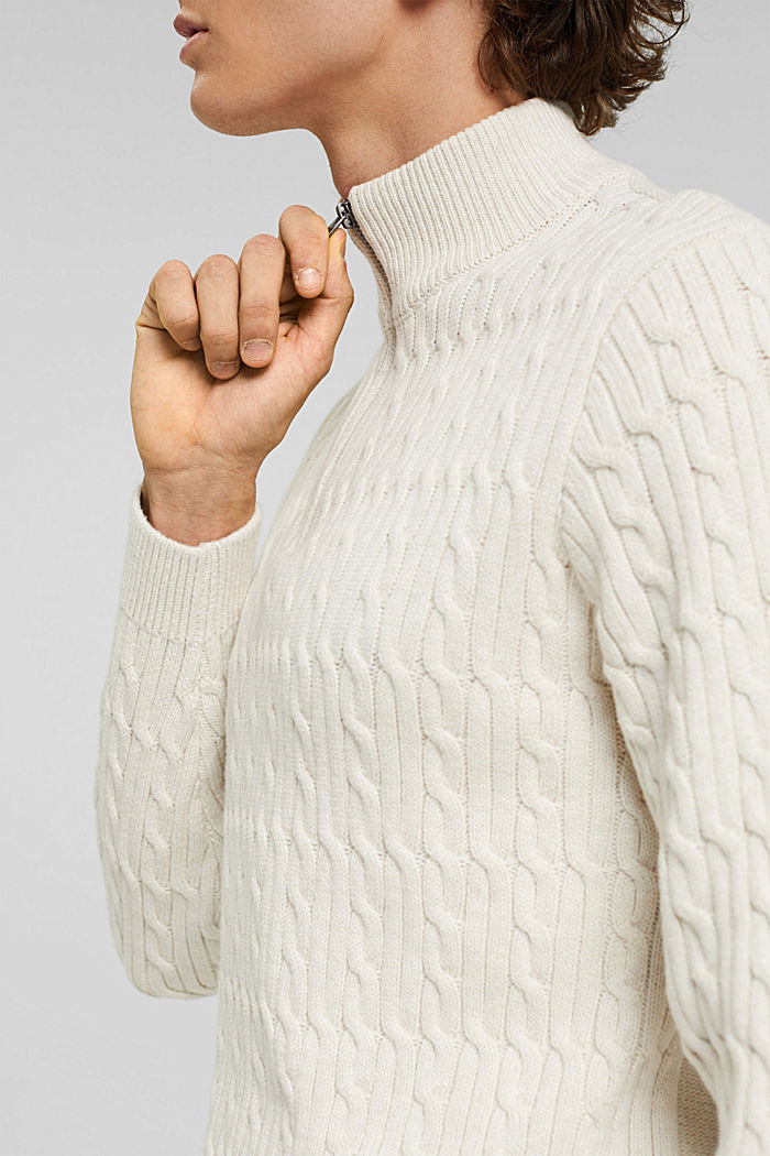 Jersey con cuello de cremallera en punto trenzado y algodón ecológico, OFF WHITE, detail image number 2