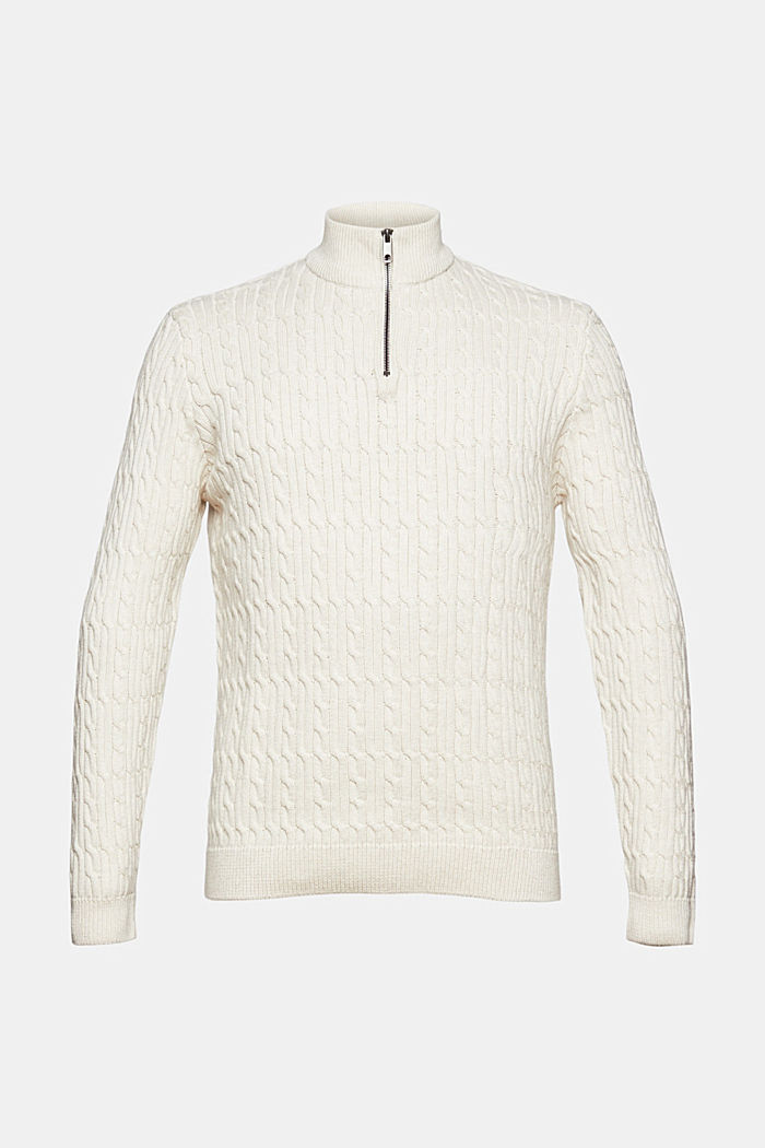 Jersey con cuello de cremallera en punto trenzado y algodón ecológico, OFF WHITE, overview