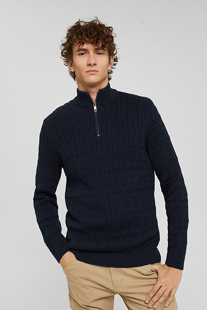 Sweter z zamkiem pod szyją z dzianiny z warkoczowym wzorem, bawełna ekologiczna