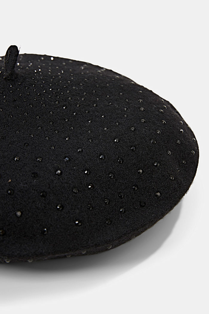 Baret met siersteentjes, gemaakt van een wolmix, BLACK, detail image number 1