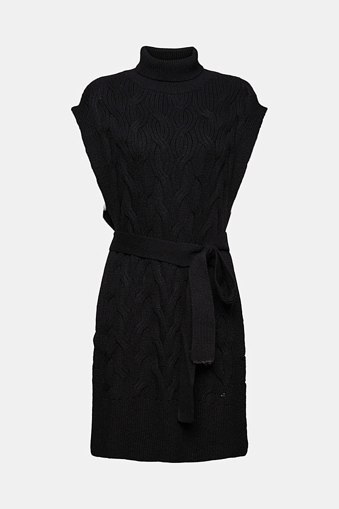 Con lana/alpaca: poncho de punto con cinturón, BLACK, detail image number 0