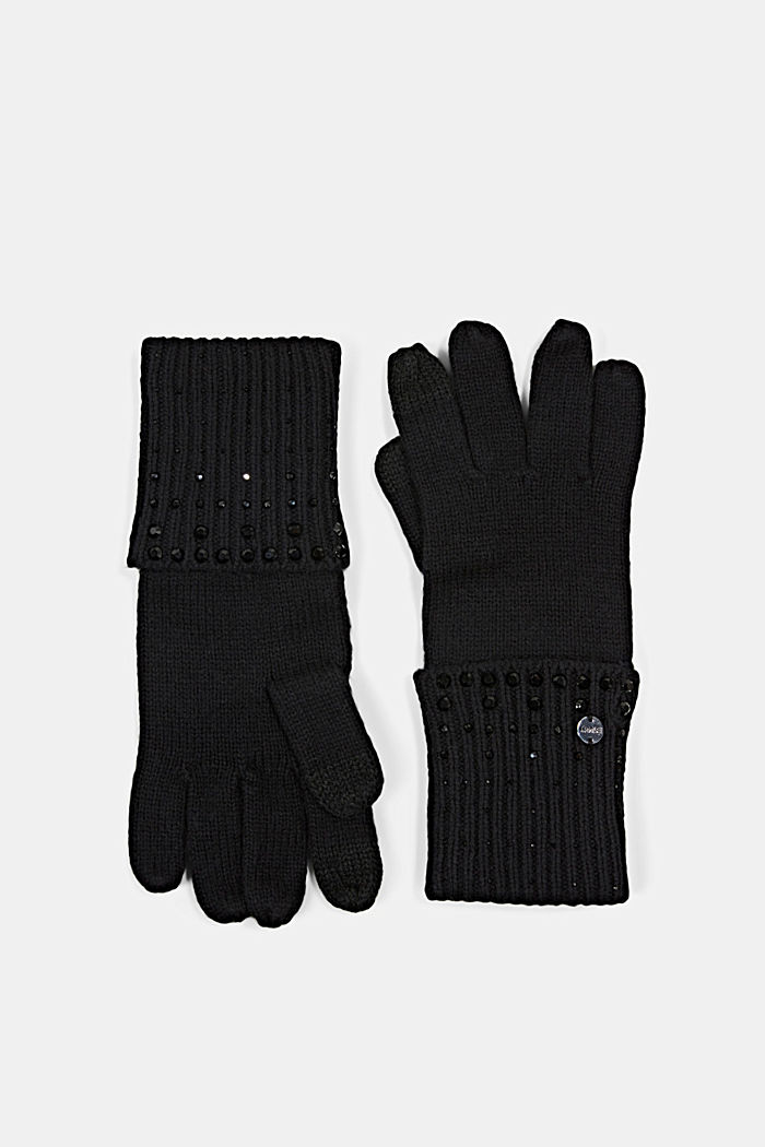 Mit Wolle: Handschuhe mit Schmucksteinen, BLACK, overview