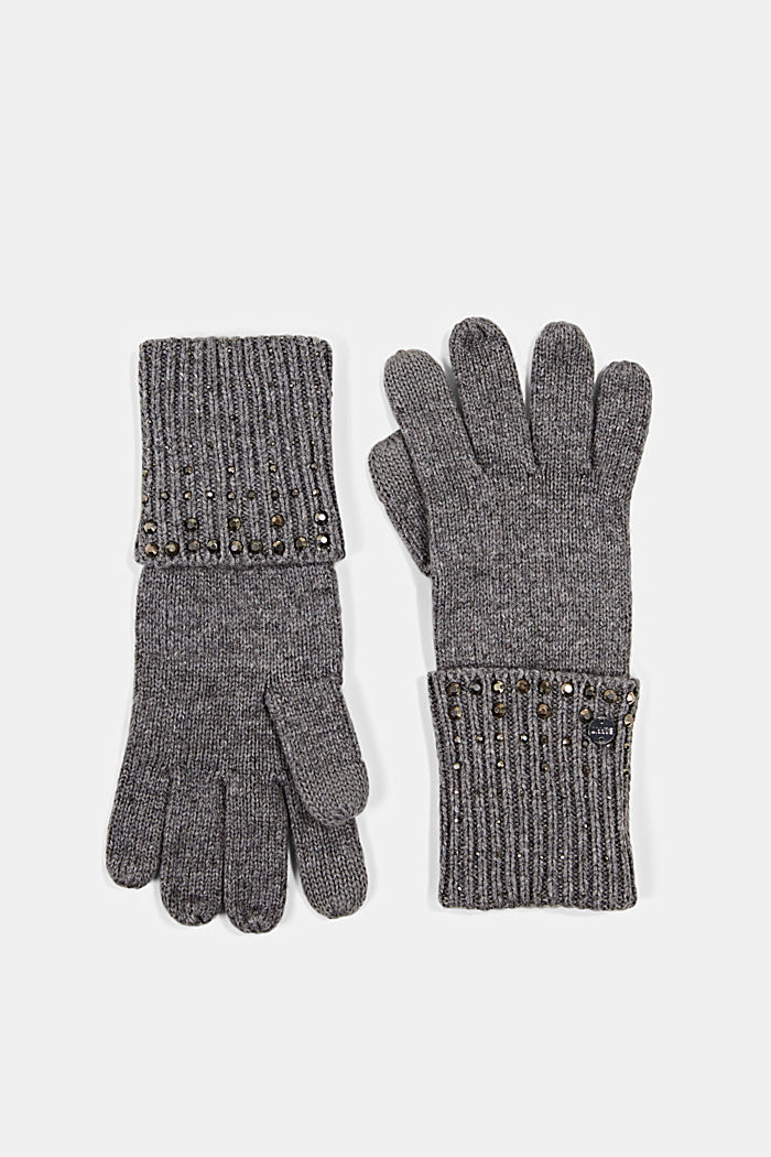 À teneur en laine : gants ornés de pierres fantaisie, GREY, detail image number 0