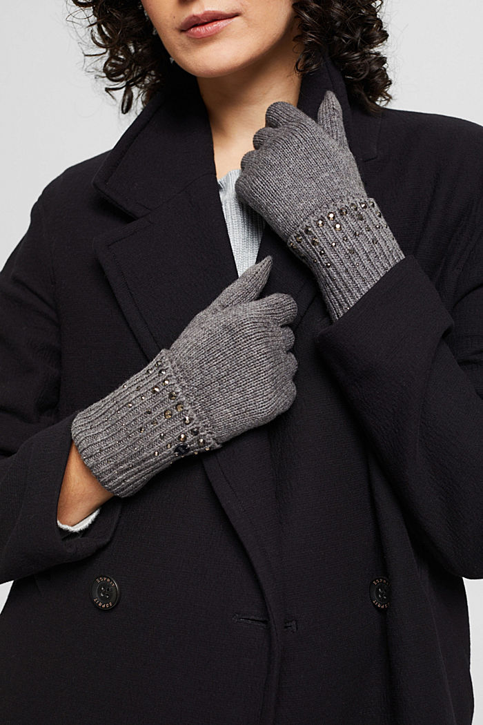 À teneur en laine : gants ornés de pierres fantaisie, GREY, detail image number 2