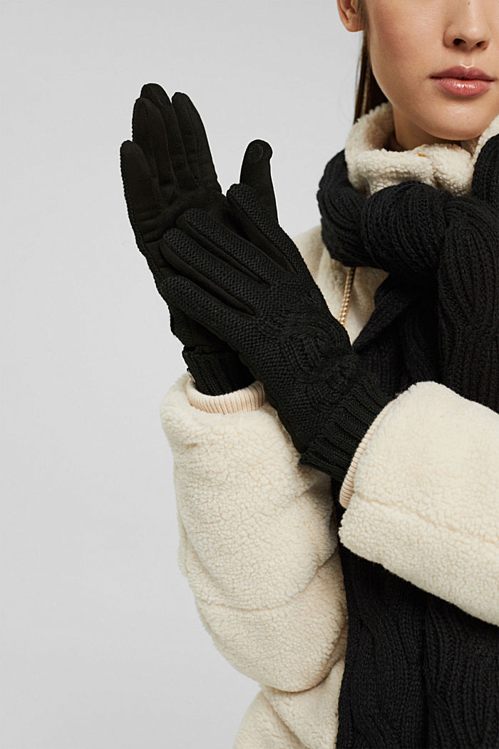 Con lana: guantes en mezcla de materiales, BLACK, detail image number 2