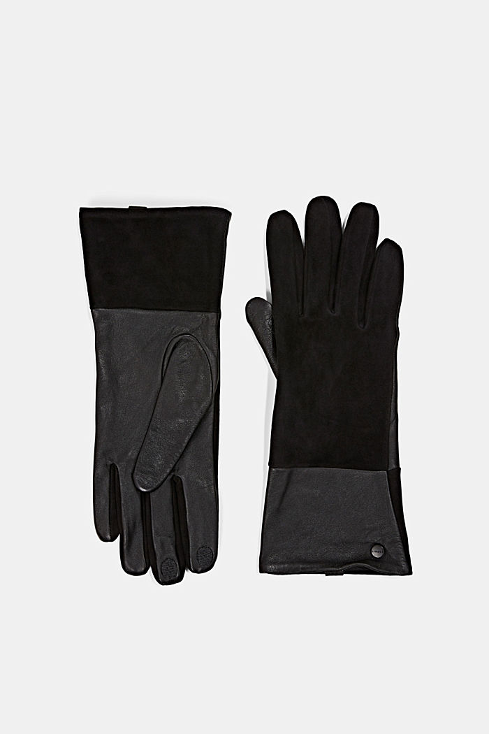 Handschoenen van glad leer en suède, BLACK, detail image number 0
