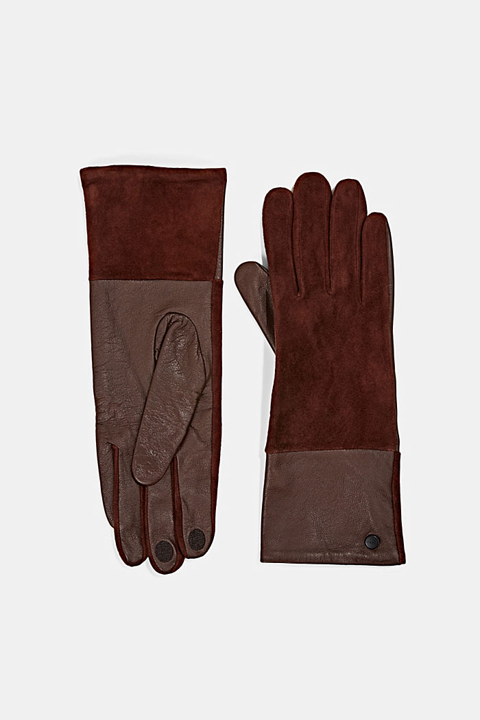 Handschuhe aus Glatt- und Veloursleder, DARK BROWN, detail image number 0
