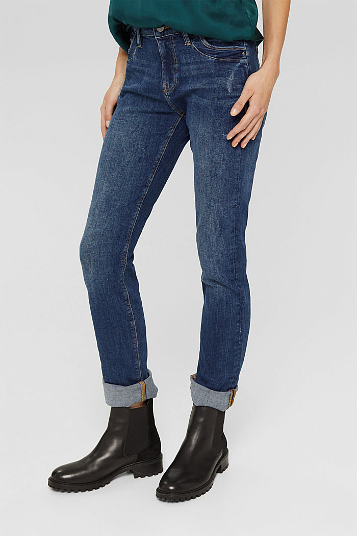 Stretch jeans met een used look, biologisch katoen, BLUE DARK WASHED, detail image number 0