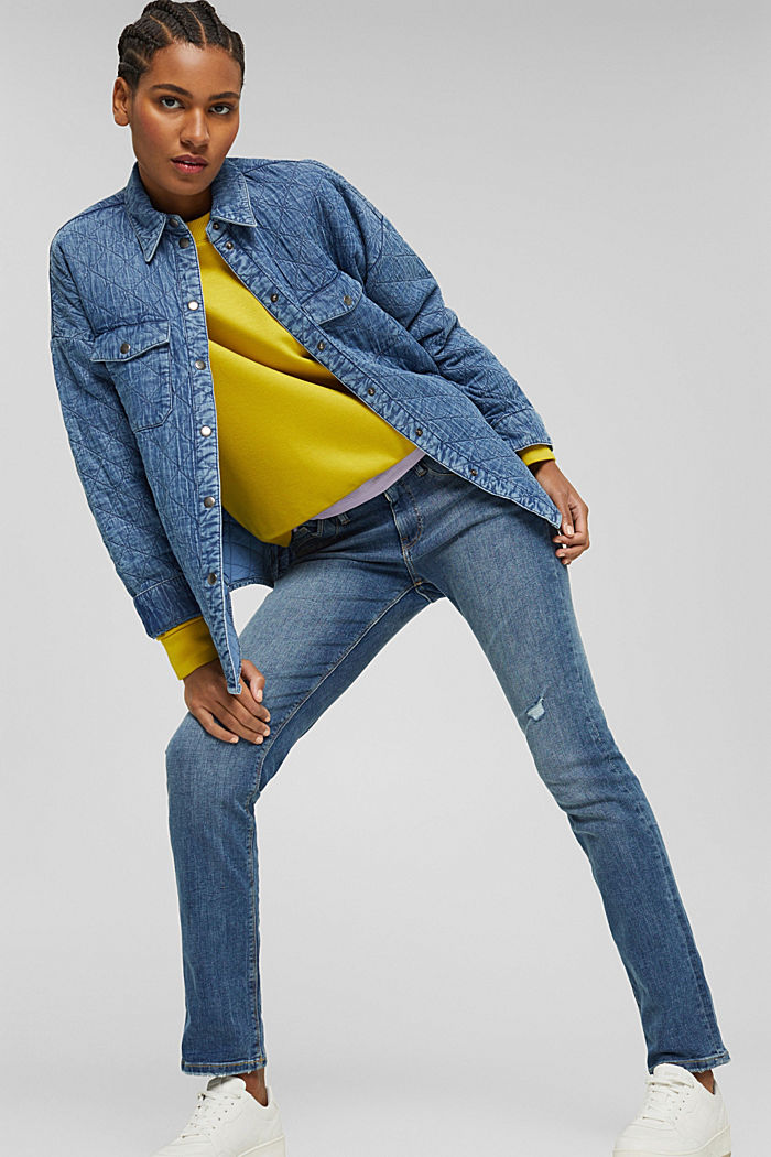 Stretch jeans met een used look, biologisch katoen, BLUE MEDIUM WASHED, overview