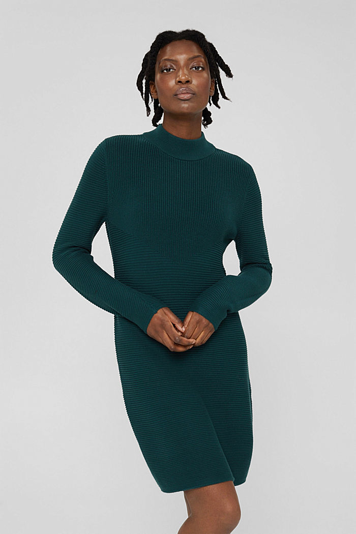 Knit dress with a stand-up collar, organic cotton, DARK TEAL GREEN, detail image number 0