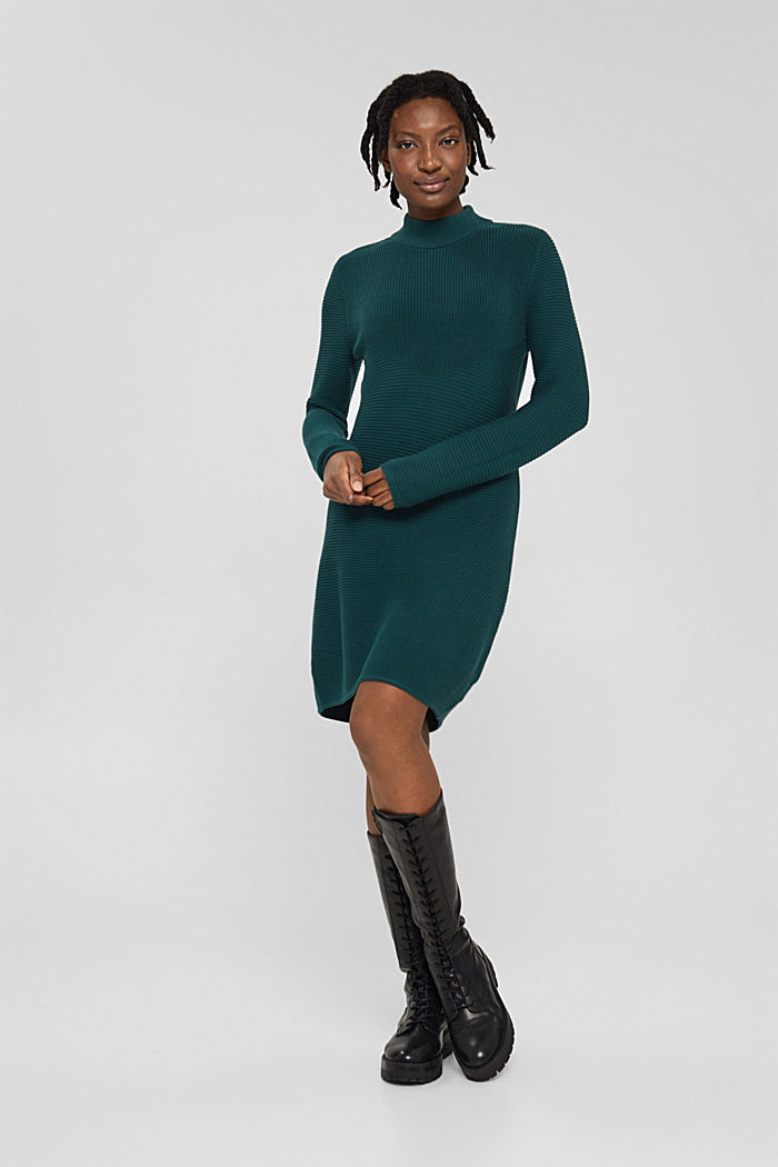Knit dress with a stand-up collar, organic cotton, DARK TEAL GREEN, detail image number 6