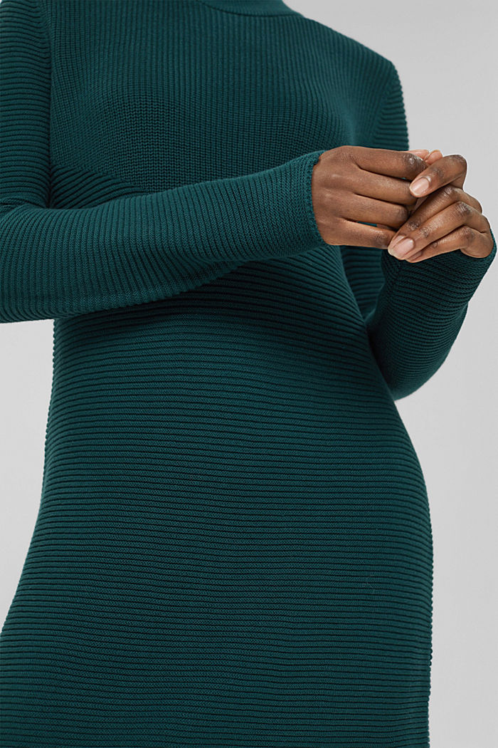 Knit dress with a stand-up collar, organic cotton, DARK TEAL GREEN, detail image number 3