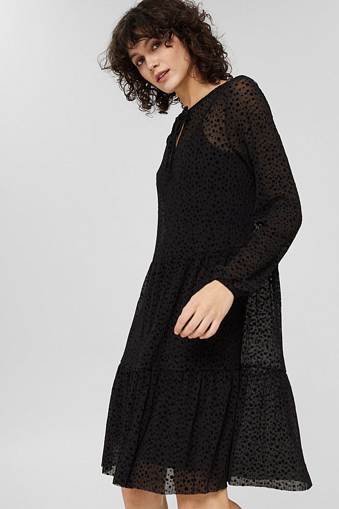 Gestippelde mesh jurk met volants, BLACK, detail image number 0