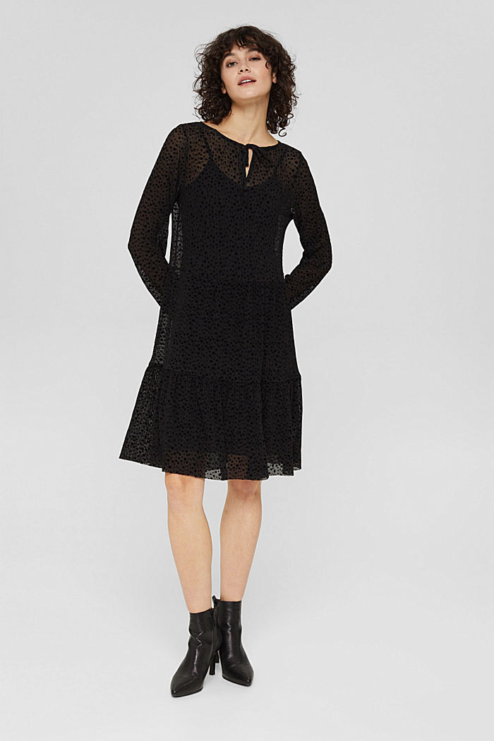 Gestippelde mesh jurk met volants, BLACK, detail image number 6