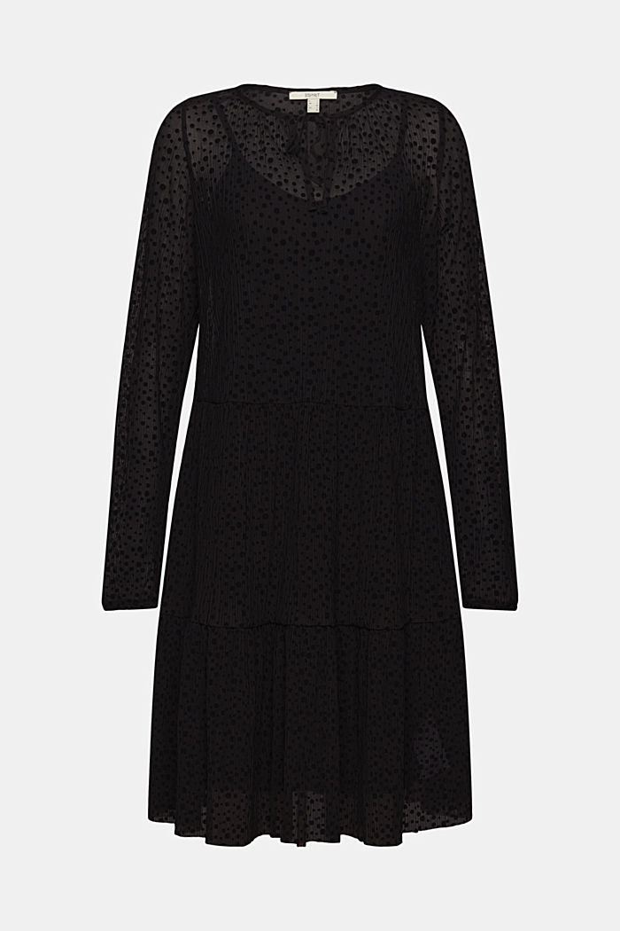 Gestippelde mesh jurk met volants, BLACK, overview